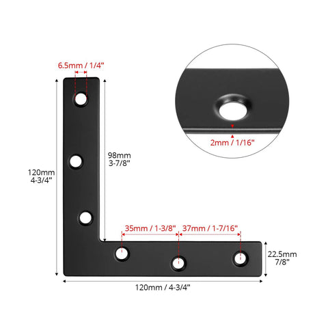 Rock Solid Heavy Duty Flat L Brackets For Wood And Furniture Repair 8 Pack Matte Black with dimensions and hole details.