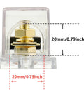 Heavy Duty ANL Fuse Holder And 250 Amp Gold Plated Fuses showing 20mm measurements, clear housing with gold connectors for car audio.