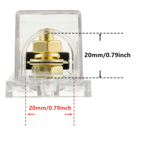 Heavy Duty ANL Fuse Holder And 250 Amp Gold Plated Fuses showing 20mm measurements, clear housing with gold connectors for car audio.