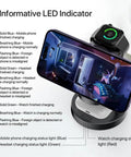 3-In-1 Wireless Charging Station For iPhone 17 16 15 14 13 12 Pro Max Plus Mini, AirPods 2 3 4 Pro, And Watch Ultra 11 10 9 8 7 SE MagSafe Charger Dock with LED indicators showing charging status on phone and watch.