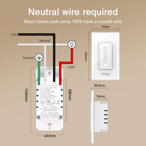 Diagram of No Brainer Smart Dimmer Switch wiring with dimensions, showing UL and FCC certified components.