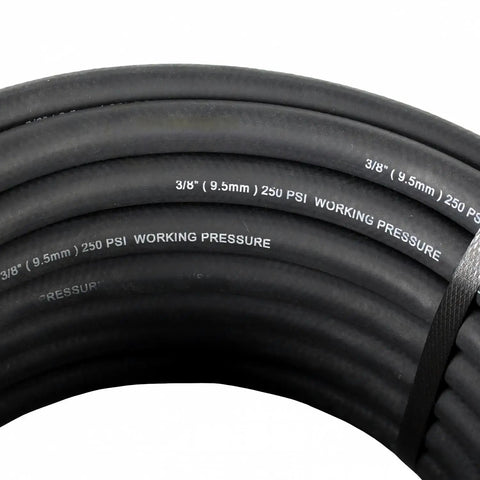 50 Foot 3/8 Inch Rubber Air Hose With 1/4 Inch Male NPT Solid Brass Ends Air Compressor Line 250 Psi coiled display showing pressure ratings