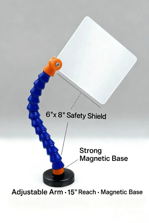 Magnetic Base Safety Guard with 8x6 polycarbonate shield and 15-inch reach hose arm for lathes, mills, and drill presses.