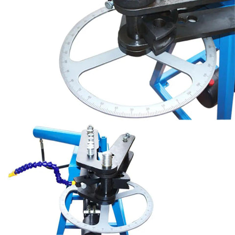 Close-up of Heavy Duty 10 Ton Electric Hydraulic Pipe Tube Bender 110V showing the measurement gauge and die setup.