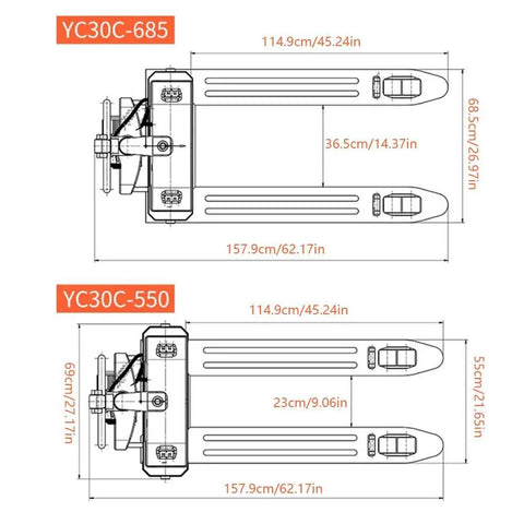 Heavy Duty Electric Pallet Jack With Badass 6600 Lbs Cargo Power dimensions, showing YC30C-685 and YC30C-550 models with sizes.