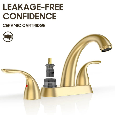 Brushed Gold 4 Inch Centerset Bathroom Faucet With Two Handles, Fits 2 Or 3 Hole Mount, Sturdy Brass Construction, BF008-5-BG