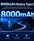 Built Different 5G Unlocked Smartphone Running Android 15 With 8GB RAM Plus 256GB Internal Storage And A Crisp 6.8 Inch HD Punch Hole Display, showcasing 8000mAh battery and fast charging.