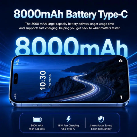 Built Different 5G Unlocked Smartphone Running Android 15 With 8GB RAM Plus 256GB Internal Storage And A Crisp 6.8 Inch HD Punch Hole Display, showcasing 8000mAh battery and fast charging.