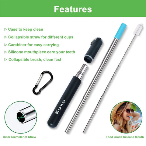 Go To Collapsible Metal Straw Set With Case For Travel And Cruise Ship Essentials in black with silicone tips and keychain