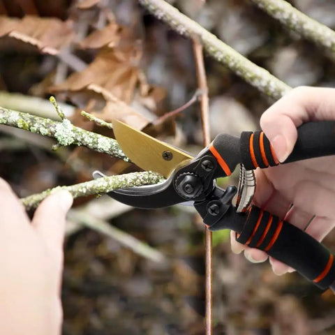 Hands using Heavy Duty Pruning Shears For Garden Work With Foam Grip Handles, Bypass Hand Pruners And Eight Inch Garden Clippers For Plant Cutting And Hedge Trimming, Pro Grade Stainless Steel Blades Cut Up To Three Quarters Of An Inch to cut a branch.