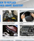Image showing signs for replacing Heavy Duty Vacuum Power Brake Booster Direct Swap For Ford Edge Lincoln Mkmaz. Includes oil leakage, poor braking.