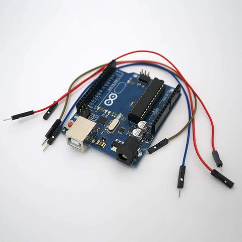 Arduino board with jumper wires from Crazy Versatile 1550 Pieces Dupont Connector Kit with 2.54mm pitch.