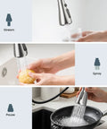 Top Shelf Brushed Nickel Kitchen Faucet With Pull Down Sprayer And Three Spray Modes Built From Solid Stainless Steel demonstrating stream, spray, and pause modes.