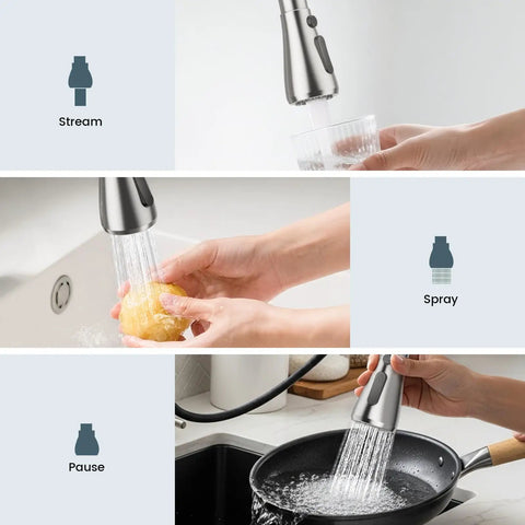 Top Shelf Brushed Nickel Kitchen Faucet With Pull Down Sprayer And Three Spray Modes Built From Solid Stainless Steel demonstrating stream, spray, and pause modes.