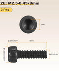 Image showing a 10 pack M2.5 0.45x8 socket head cap screws, carbon steel, Allen drive, black oxide, coarse thread fasteners.