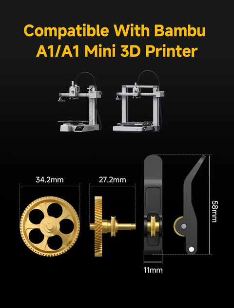 Beefed Up Extruder Gear Assembly Kit For A1 Mini 3D Printer Brass And Aluminum Alloy Build Detailed Dimensions Display