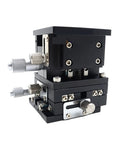 Dead On Accuracy Heavy Duty Xyz Axis Linear Stage With Slick Double Cross Rail Guide Ninety By Ninety Millimeter Manual Sliding Table Platform side view showing knobs and structure.