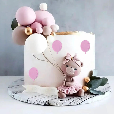 Fondant cake with teddy bear and balloon decorations, designed using Balloon Silicone Mold For Fondant And Chocolate Dope Cake Decorating Easy To Use Hot Air Balloon Mold For Cupcake Toppers Candy Chocolate Polymer Clay Gum Paste Flexible Food Grade Nonstick.