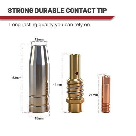 25 Pack MIG Gun Consumables Kit For OmniPro 220 MIGMax Welder Gun 140 215 63616 63617 Includes.035 Tips dimension view