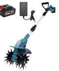 Cordless 21V Tiller With 8 Inch Wide Cultivator, 4.0Ah Battery Powered Garden Rototiller with steel tines on white background.