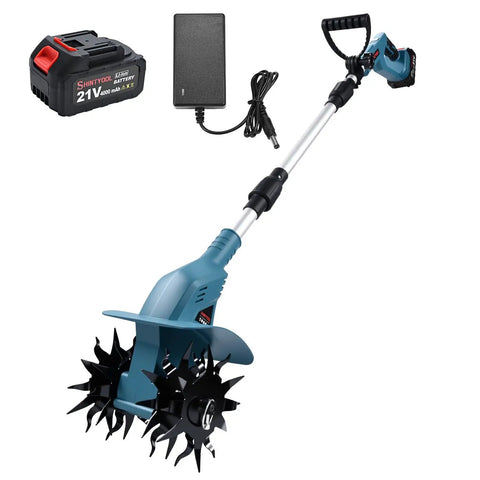 Cordless 21V Tiller With 8 Inch Wide Cultivator, 4.0Ah Battery Powered Garden Rototiller with steel tines on white background.