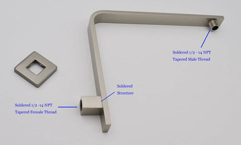High Rise Shower Arm And Flange With Ten And A Half Inch Gooseneck Wall Riser Solid Brass Brushed Nickel Square Design With Half Inch NPT Tapered Threads For Rain Shower Heads Pro Grade Build, showing disassembled arm and flange components.