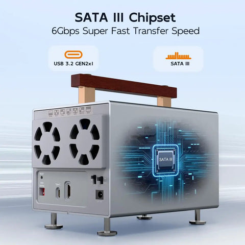 Slick 4 Bay Raid Enclosure for 2.5 and 3.5 inch SATA HDD and SSD drives featuring USB-C, SATA III chipset, and dual fans.