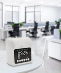 Heavy Duty Time Clock Punch Machine Bundle Includes Fifty Cards For Small Business And Office Password Unlocked Attendance Tracker on table in modern office.