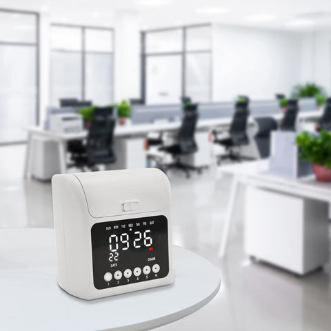 Heavy Duty Time Clock Punch Machine Bundle Includes Fifty Cards For Small Business And Office Password Unlocked Attendance Tracker on table in modern office.