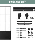 Package contents of 30 Inch By 84 Inch Frosted Tempered Glass Sliding Barn Door with pre-drilled carbon steel frame and 5ft hardware kit.