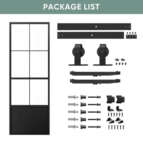 Package contents of 30 Inch By 84 Inch Frosted Tempered Glass Sliding Barn Door with pre-drilled carbon steel frame and 5ft hardware kit.