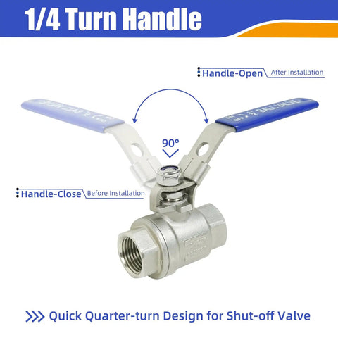 1/4 turn handle on 4 Pack 1/2 Inch Stainless Steel 304 Ball Valves NPT Female Full Port Heavy Duty Shut Off Valve for water, oil, gas