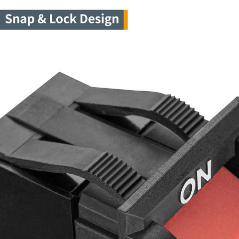 Straight Up Heavy Duty Plug And Play Dual Voltage Safety Toggle Switch 16 Amp On Off showing snap and lock design details.