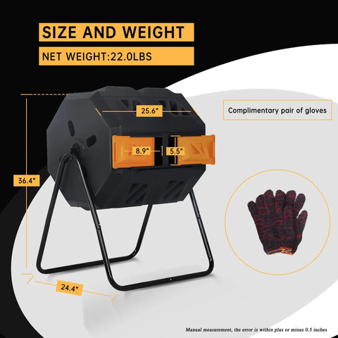 Dual Chamber 43 Gallon Compost Tumbler With Sliding Doors, BPA Free Rotating Batch System For All Season Outdoor Use In Orange
