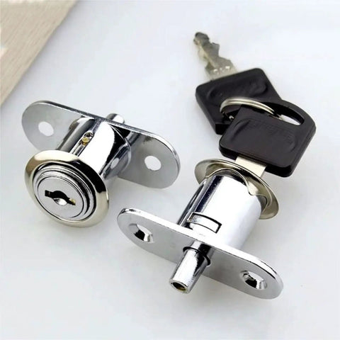 Keyed Cam Cylinder Door Lock for Cabinets and Wardrobes, 23/32mm Tongue Bolt Latch, shown with key for secure installation