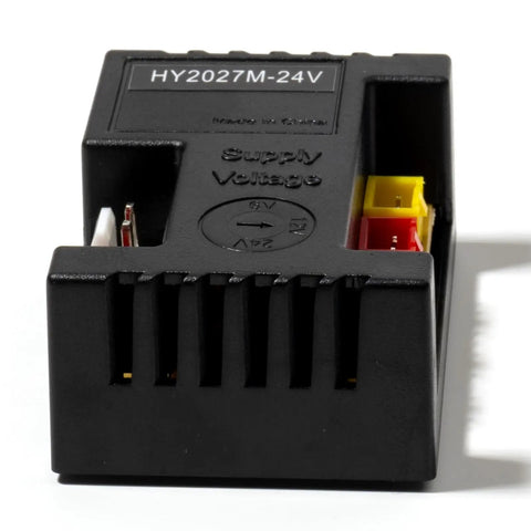 HY2027M-24V Electric Ride On Controller Board Replacement Mainbox for Kids Toy Cars, showing plug connectors and power supply markings.
