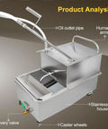 Shop Ready Commercial Fryer Filter Cart With Fifteen Gallon Stainless Steel Tank showing oil outlet pipe and caster wheels.