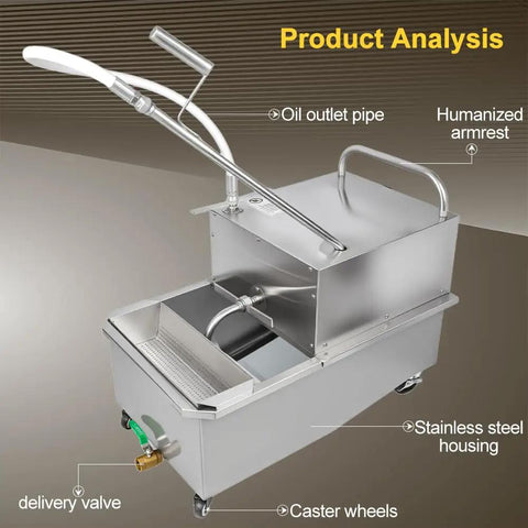 Shop Ready Commercial Fryer Filter Cart With Fifteen Gallon Stainless Steel Tank showing oil outlet pipe and caster wheels.