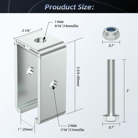Channel Trolley Track Hanger Bracket For 1-5/8 Inch Strut Channel with bolts and nuts, dimensions and stainless steel finish