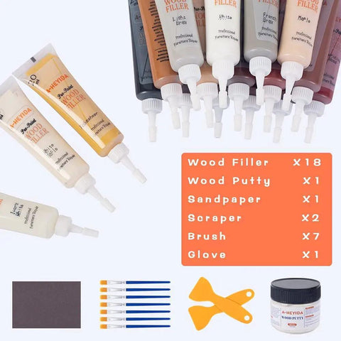 All In One DIY Ready Wood Repair Kit With 18 Color Resin Fillers For Furniture And Vinyl And Laminate Floors 31 Piece Set layout