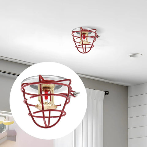 6 Pack 3/4 Inch Fire Sprinkler Head Cage Guards With Welded Steel Mesh And Red Powder Coating mounted on ceiling.