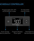 Schedule controller display showing programmable modes and adjustable intensity for grow lights.