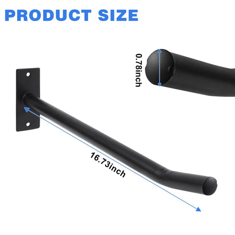 Close-up of Wall Mounted Folding Chair Storage Rack Adjustable Width with dimensions, black metal arm detail.