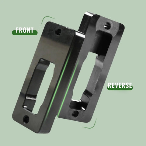 Two Piece Wall Mount Fishing Reel Rack Built For Spinning Reels Only showing front and reverse angles of sturdy black material.