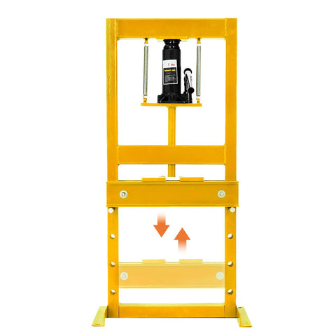 Badass Heavy Duty Hydraulic Shop Press And 20 Ton H Frame Floor Bearing Station Pro Grade Workshop Essential with yellow steel frame.