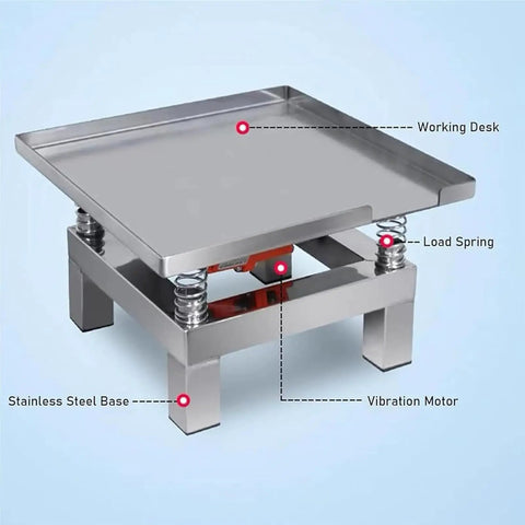 Pro Grade Heavy Duty Concrete Vibration Table Test Bench With Stainless Steel Platform 50 By 50 Cm Low Noise High Power Motor 3000 RPM One To Two MM Amplitude Thick Spring Design For Efficient Concrete Compaction And Stress Testing, stainless steel base