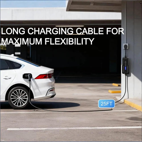Plug And Play Level Two EV Charger With Nema 14-50 Outlet Connector And 25 Foot Cable adjustable six to forty amps charging electric car.