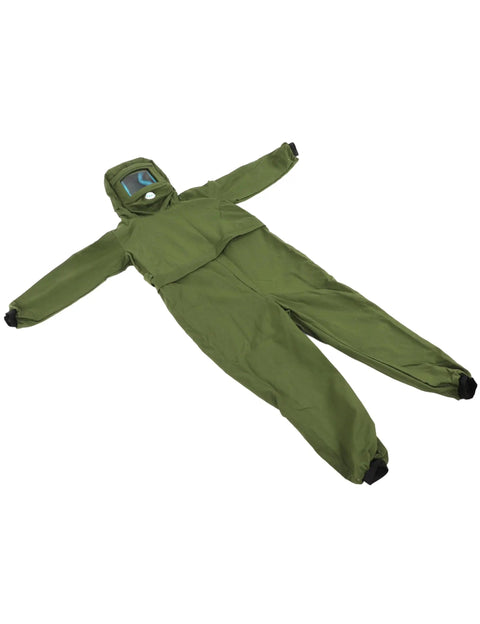 Pro Grade Sand Blasting Hood Suit With Clear Visor, Ventilated Protective Splash Gear, shown laid flat, with breathable fit and clear visor.