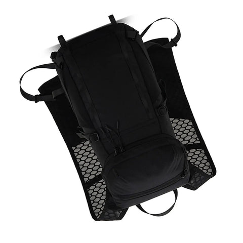 Hands Free Hydration Backpack With 2L Water Bladder, ultralight nylon, black, front view, visible pockets and breathable mesh