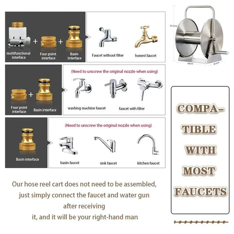 Compatibility guide for Heavy Duty Wheeled Garden Hose Reel Cart with various faucet connections and setups.